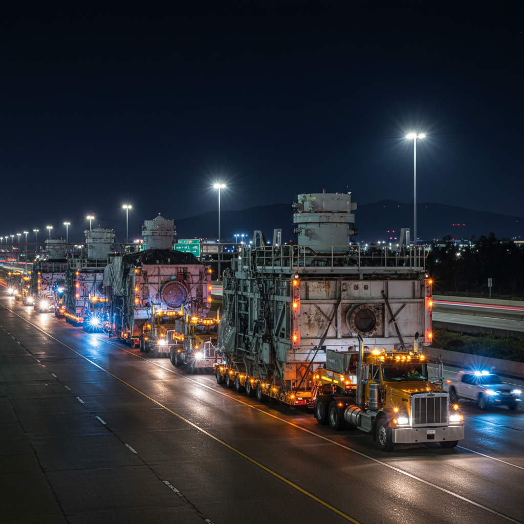 Wide load truck convoy transporting oversized industrial equipment on highway at night