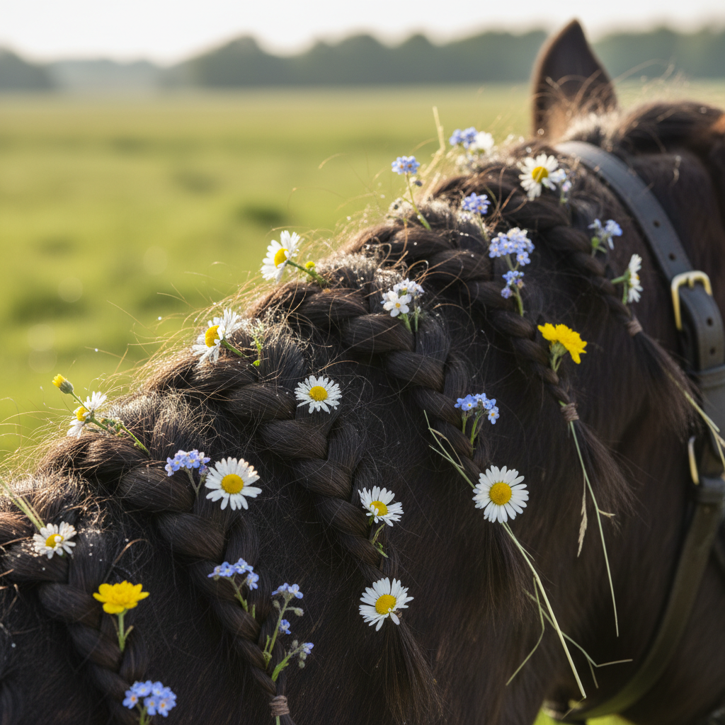 Braided horse mane close-up with small flowers woven through, show-day preparation