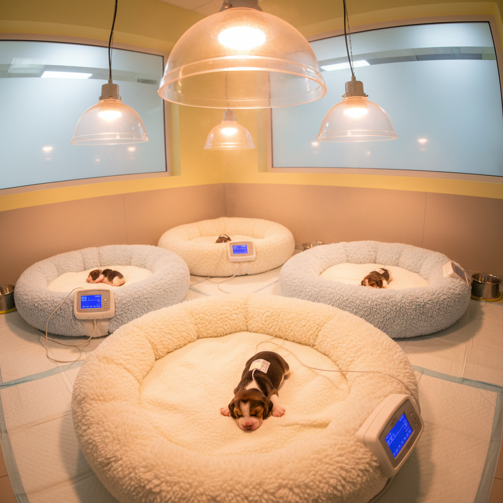 Cozy puppy nursery room with soft bedding, toys, and warm lighting for newborn Luminex Labradors