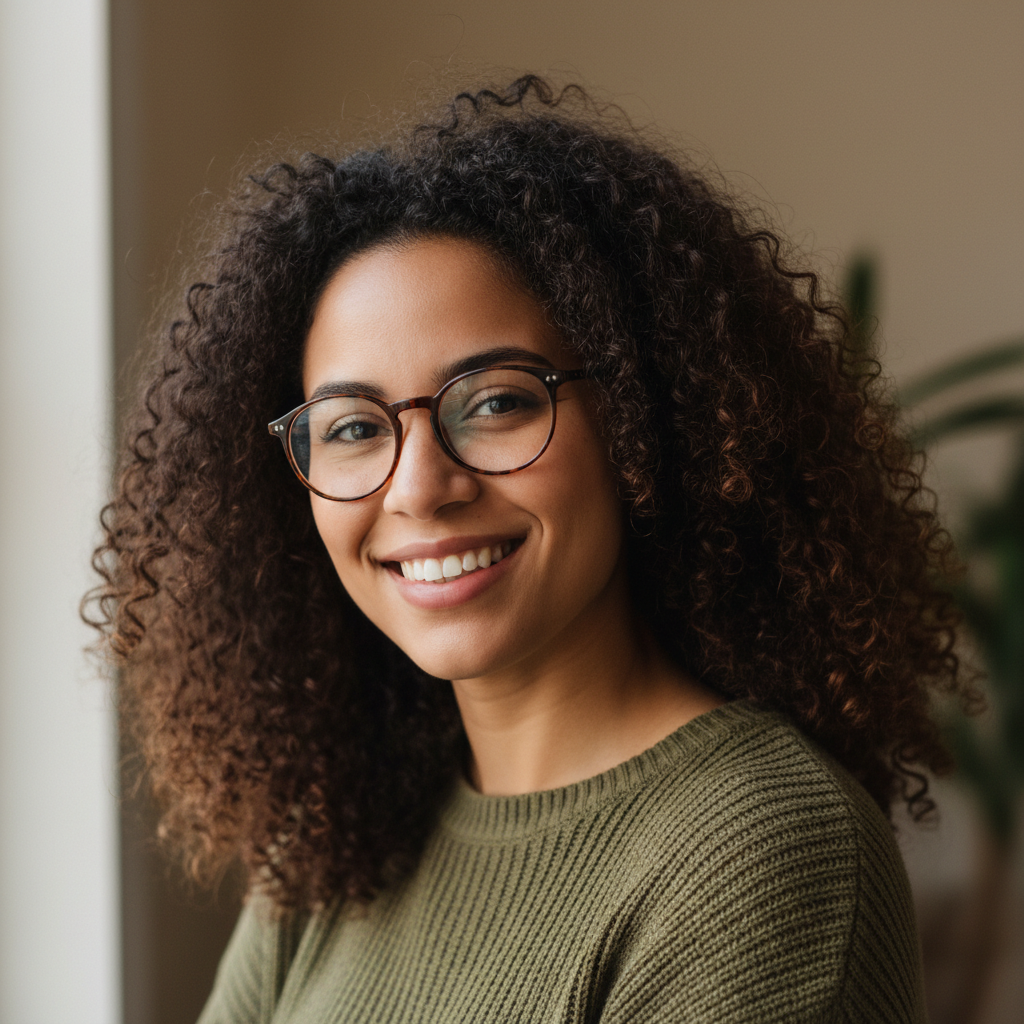 Denise, confident woman with glasses and natural hair