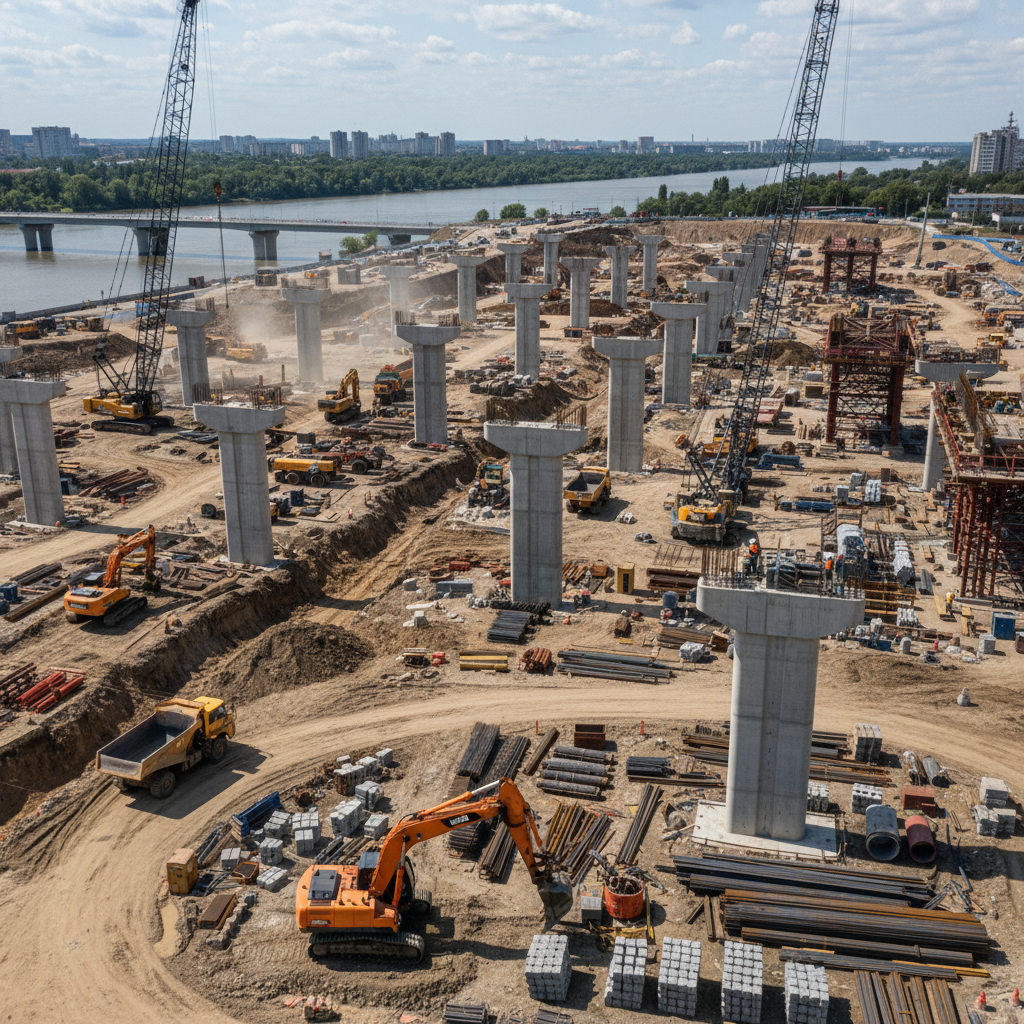 Wide highway infrastructure construction, aerial view, concrete bridge spans, bright daylight