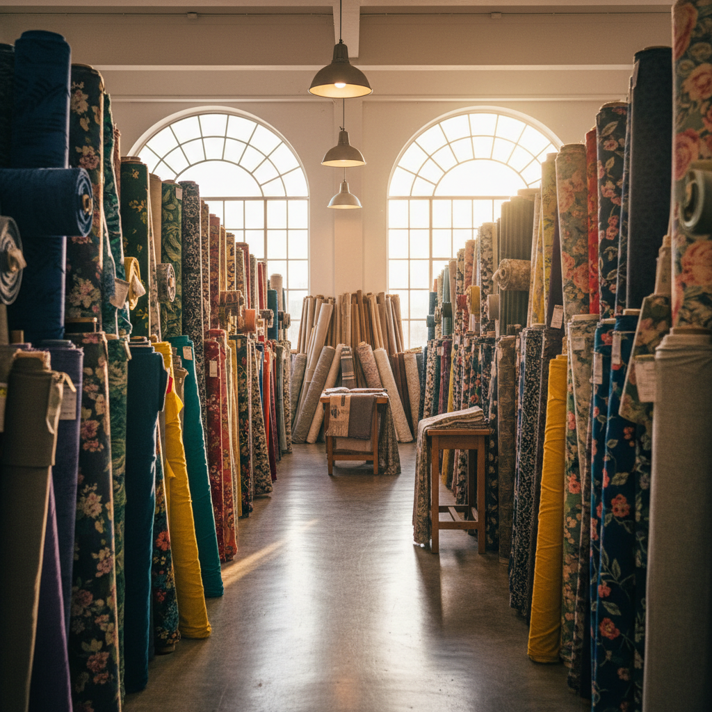 Vietnamese textile factory interior with natural light, rows of fabric bolts, bright airy industrial space