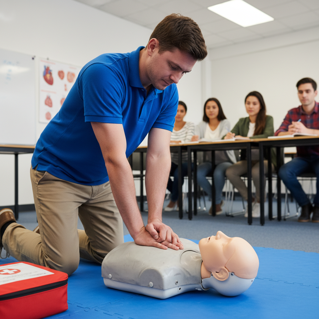 CPR instructor demonstrating chest compressions on training mannequin with students observing in bright modern classroom