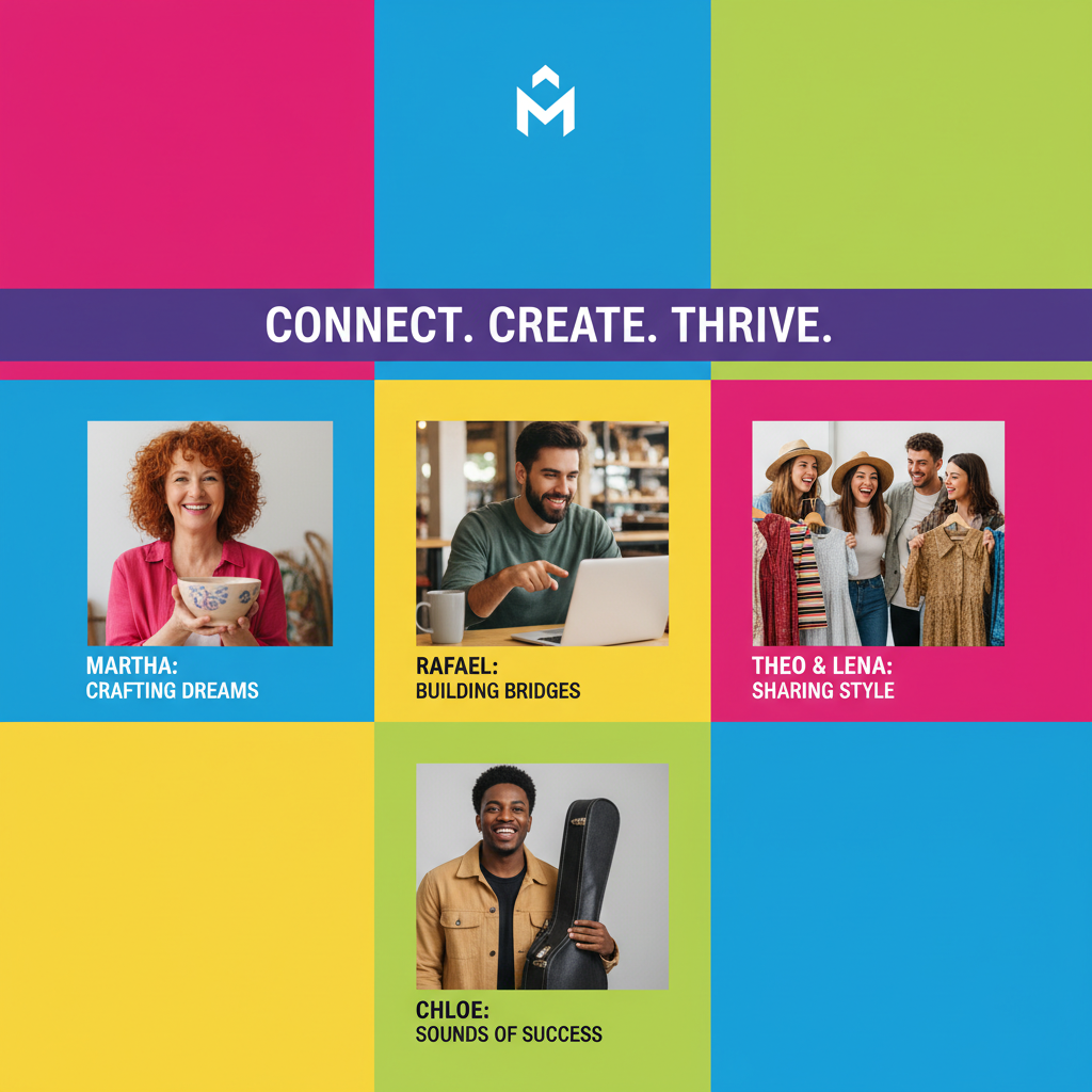 Marketplace platform campaign featuring diverse user stories and bold color blocking