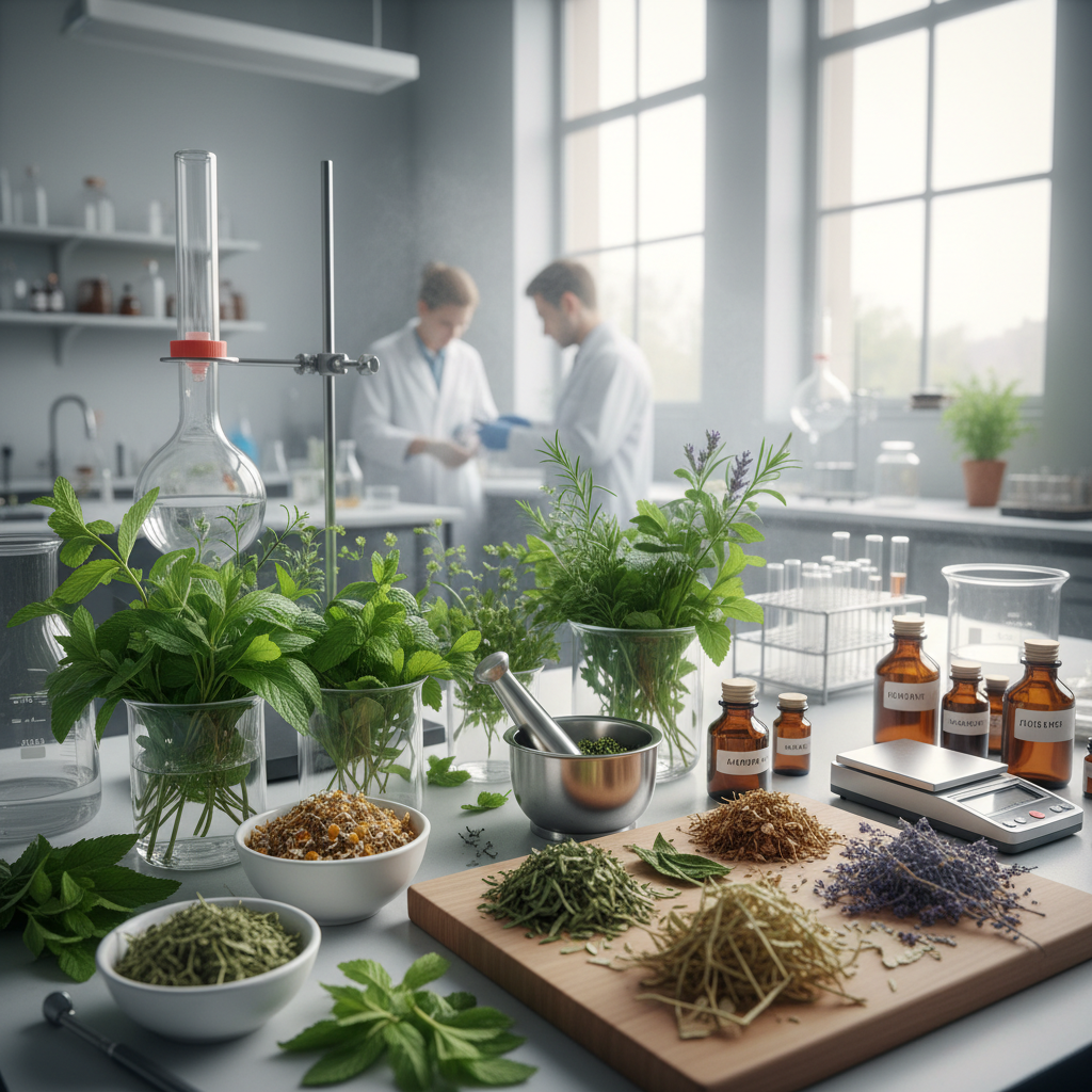 Green herbal plants and dried medicinal herbs in laboratory setting, herbal product processing