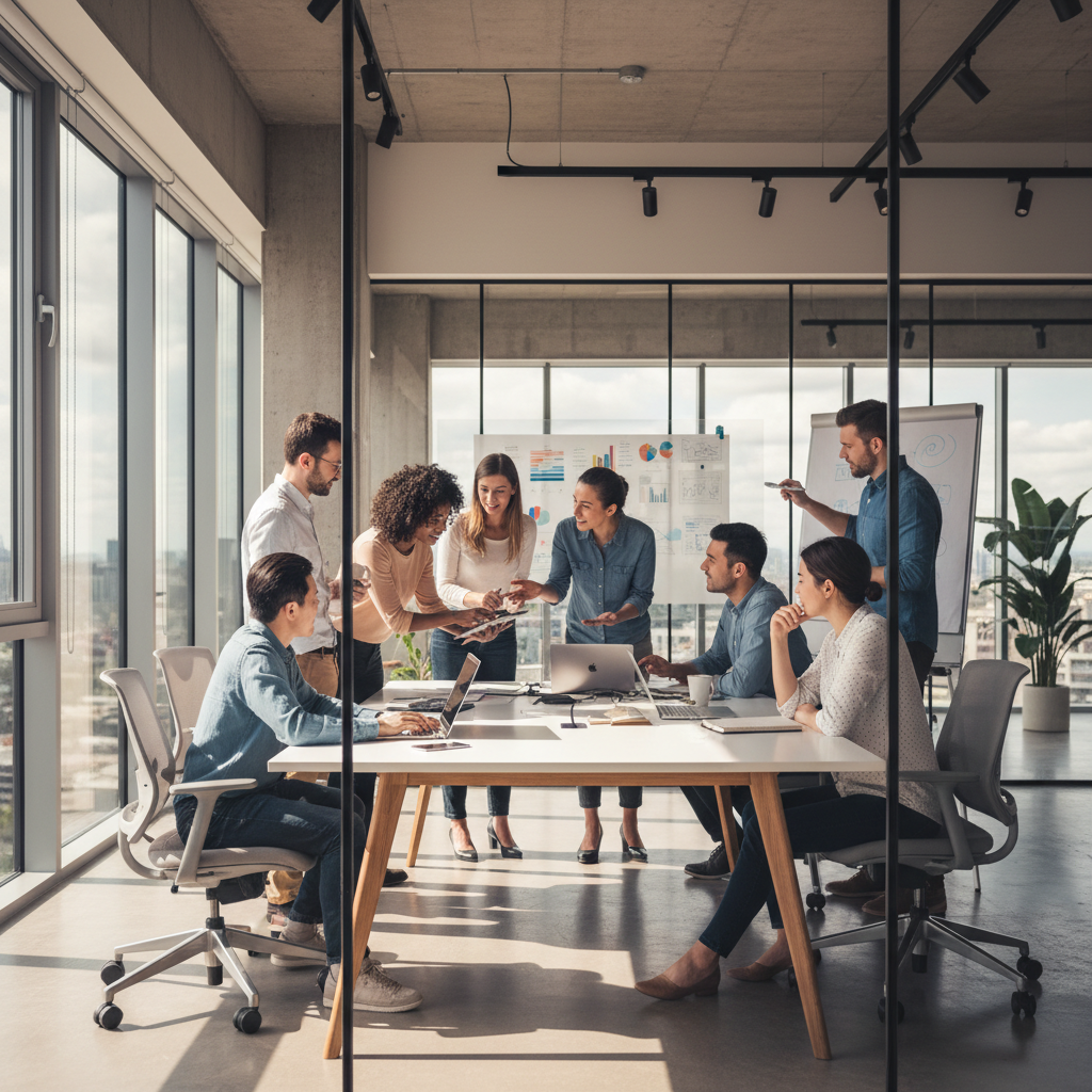 African humanitarian workers in a bright office reviewing case files together, diverse team including men and women, natural daylight through large windows