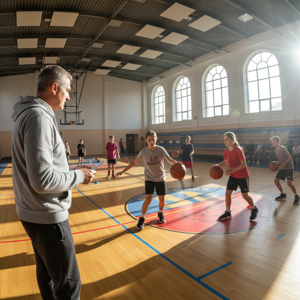 Coach observing young basketball players during skill assessment drill