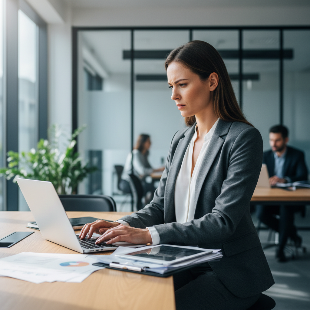 Professional person in business attire working on laptop in bright modern office setting