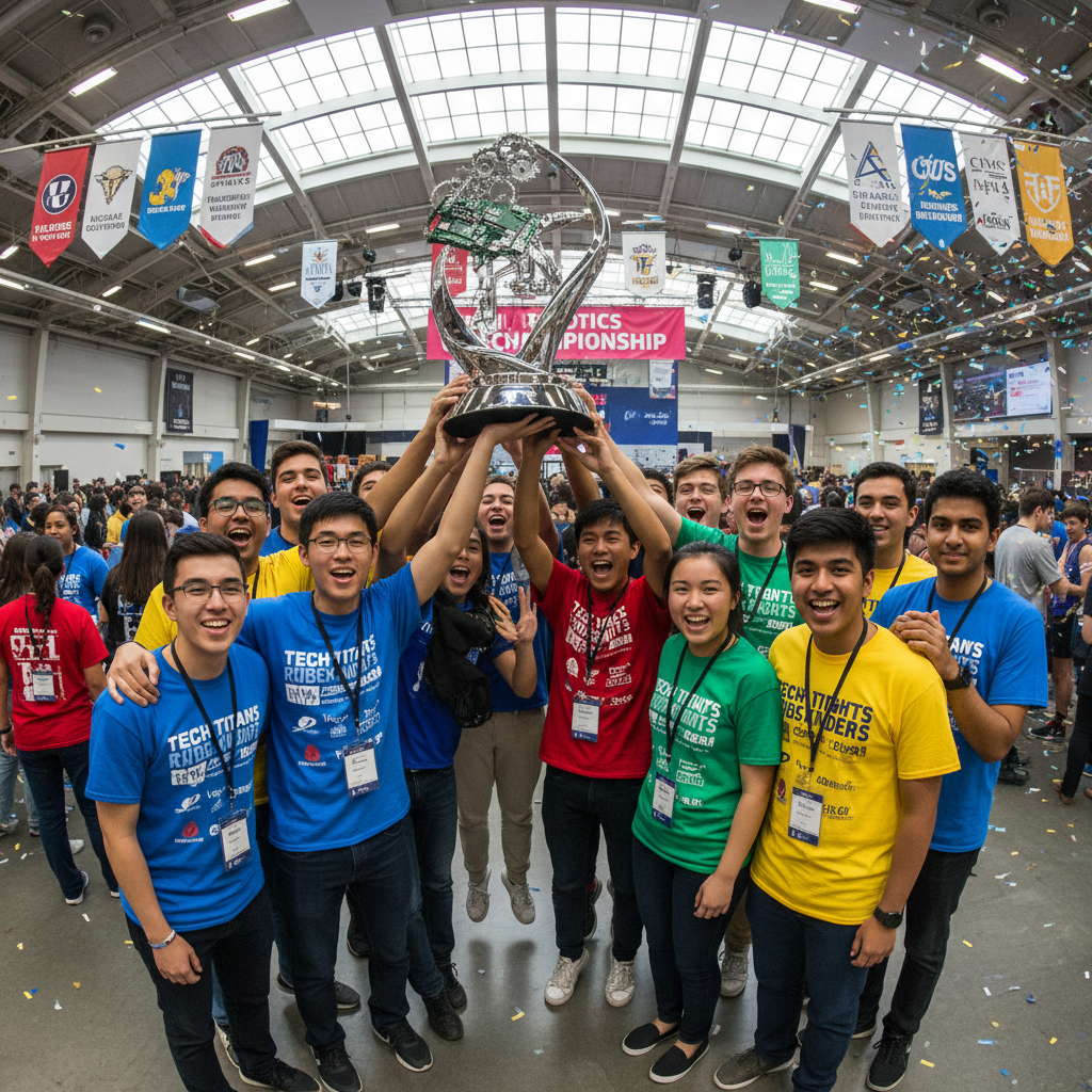 Diverse group of students celebrating with science fair trophies and awards