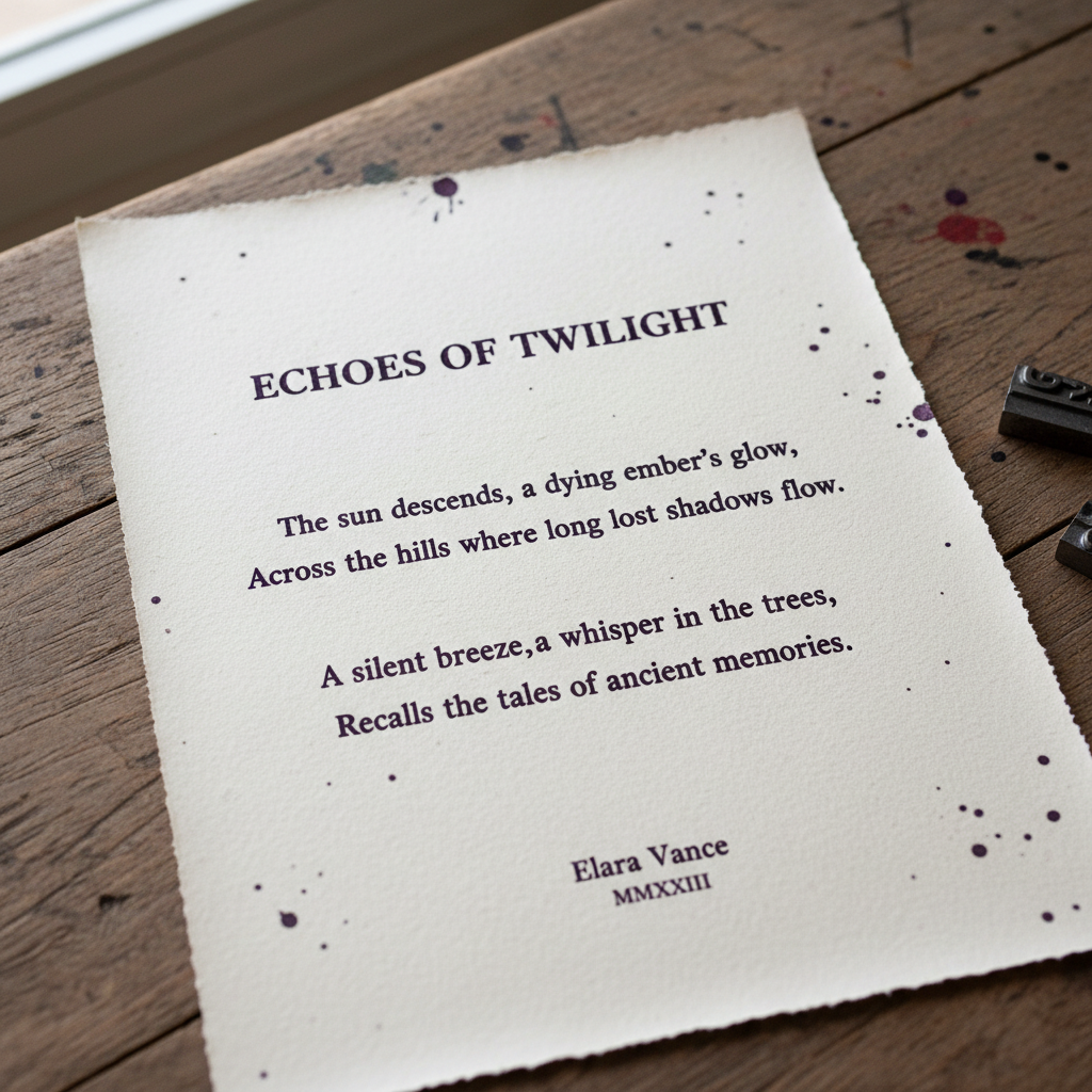 Letterpress printed broadside poem on cream cotton rag paper with violet-black ink visible