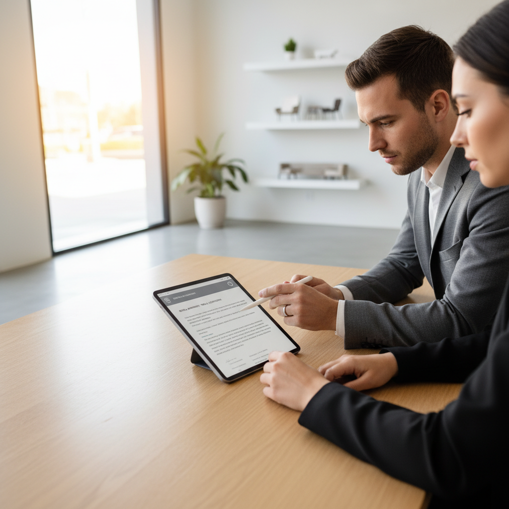 Professional female real estate agent in modern office reviewing market analysis on tablet