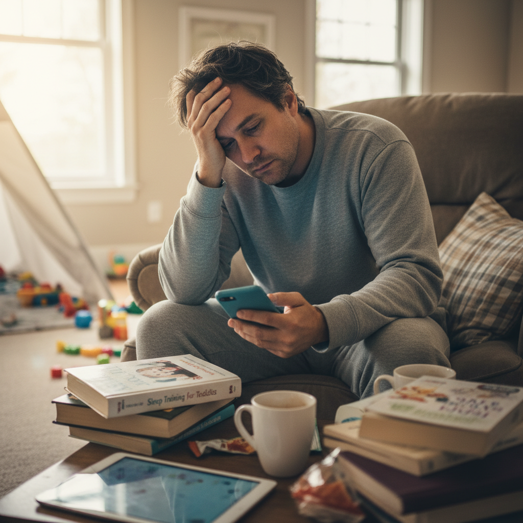 Tired parent surrounded by parenting books and phone screens, looking overwhelmed