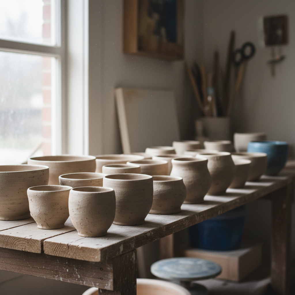 Ceramics studio with pottery wheels and raw clay forms drying on shelves, warm kiln light in background