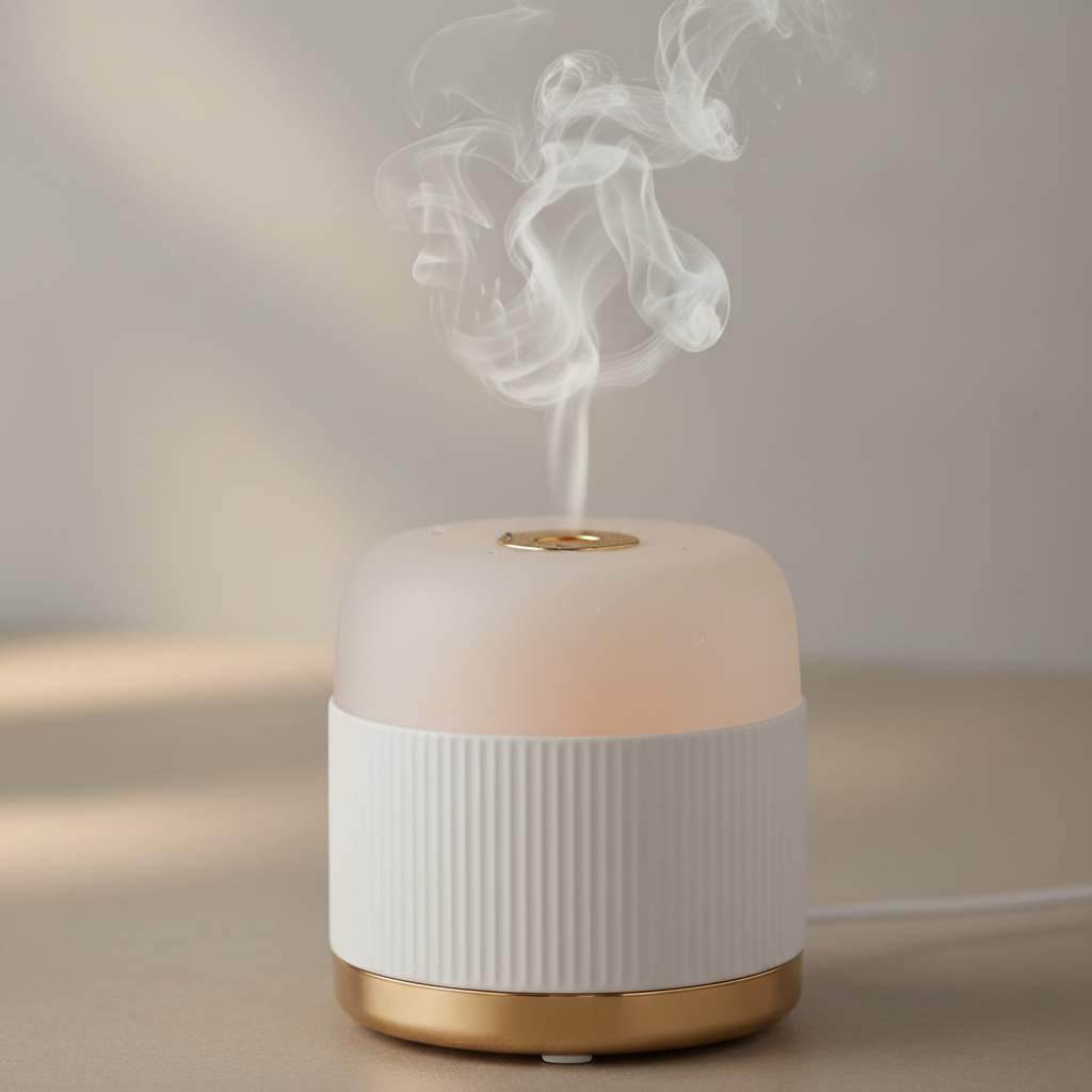 White ceramic aromatherapy diffuser with mist rising, surrounded by essential oil bottles
