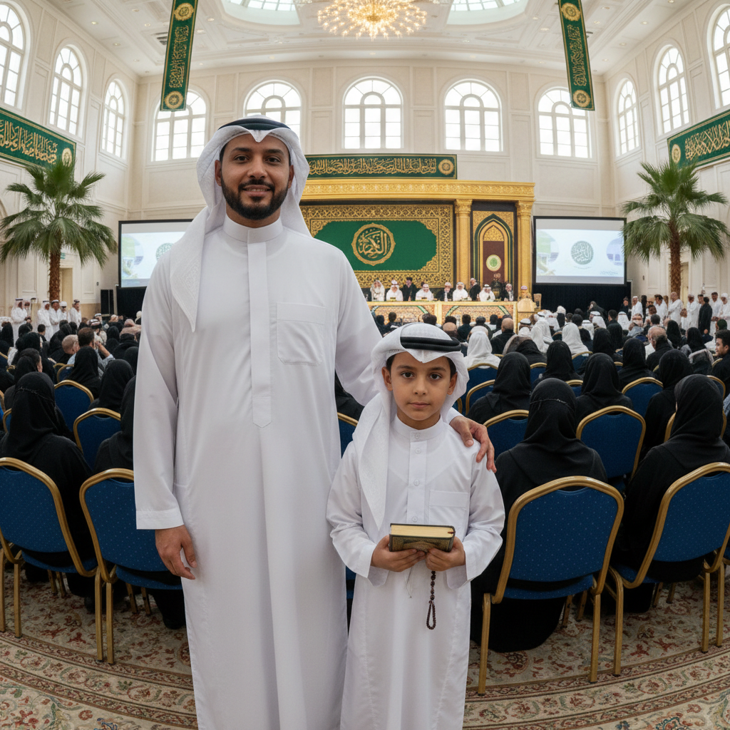 Father and son in matching white thobes at the annual Quran competition