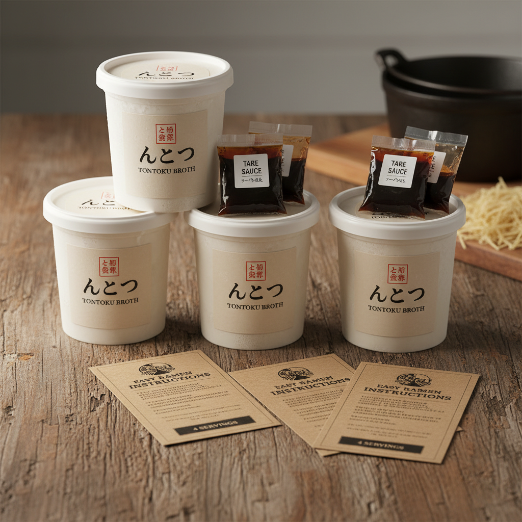 Four-pack tonkotsu broth containers with tare sauce packet and instruction card on wooden surface