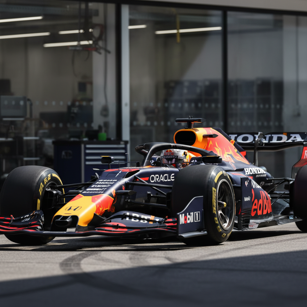Red Bull Racing F1 suit on dark carbon background with cool blue and red accent lighting