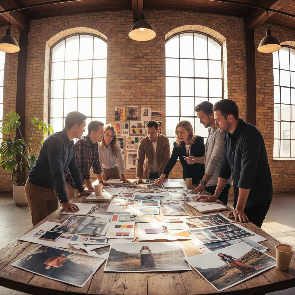 Brand strategy workshop with creative team reviewing campaign mood boards and brand identity materials on a large conference table in a modern agency