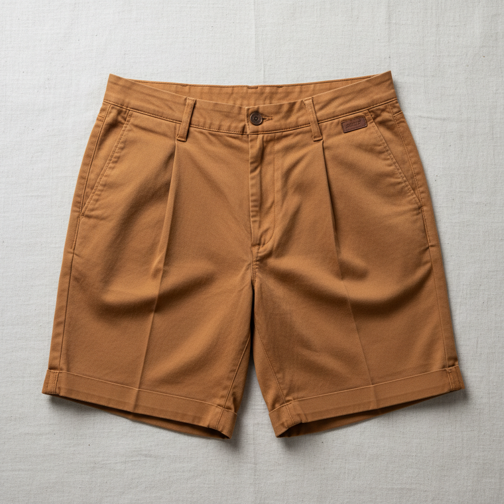 Beige baggy carpenter shorts flat lay on wooden surface, casual streetwear product photography