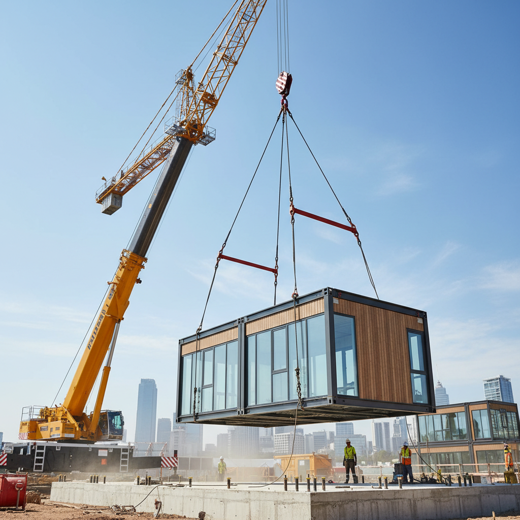 Crane lowering a completed building module onto a prepared foundation