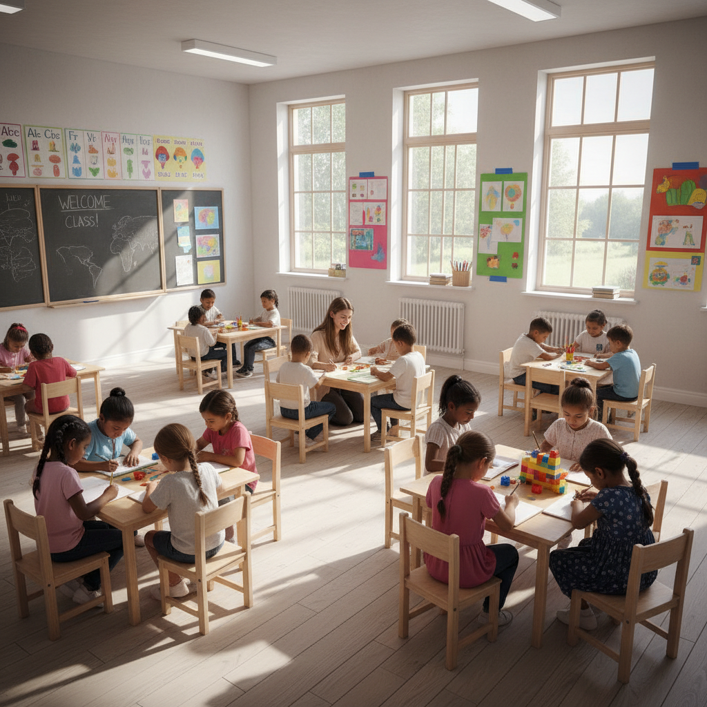 Children sitting in a rebuilt classroom in South Asia