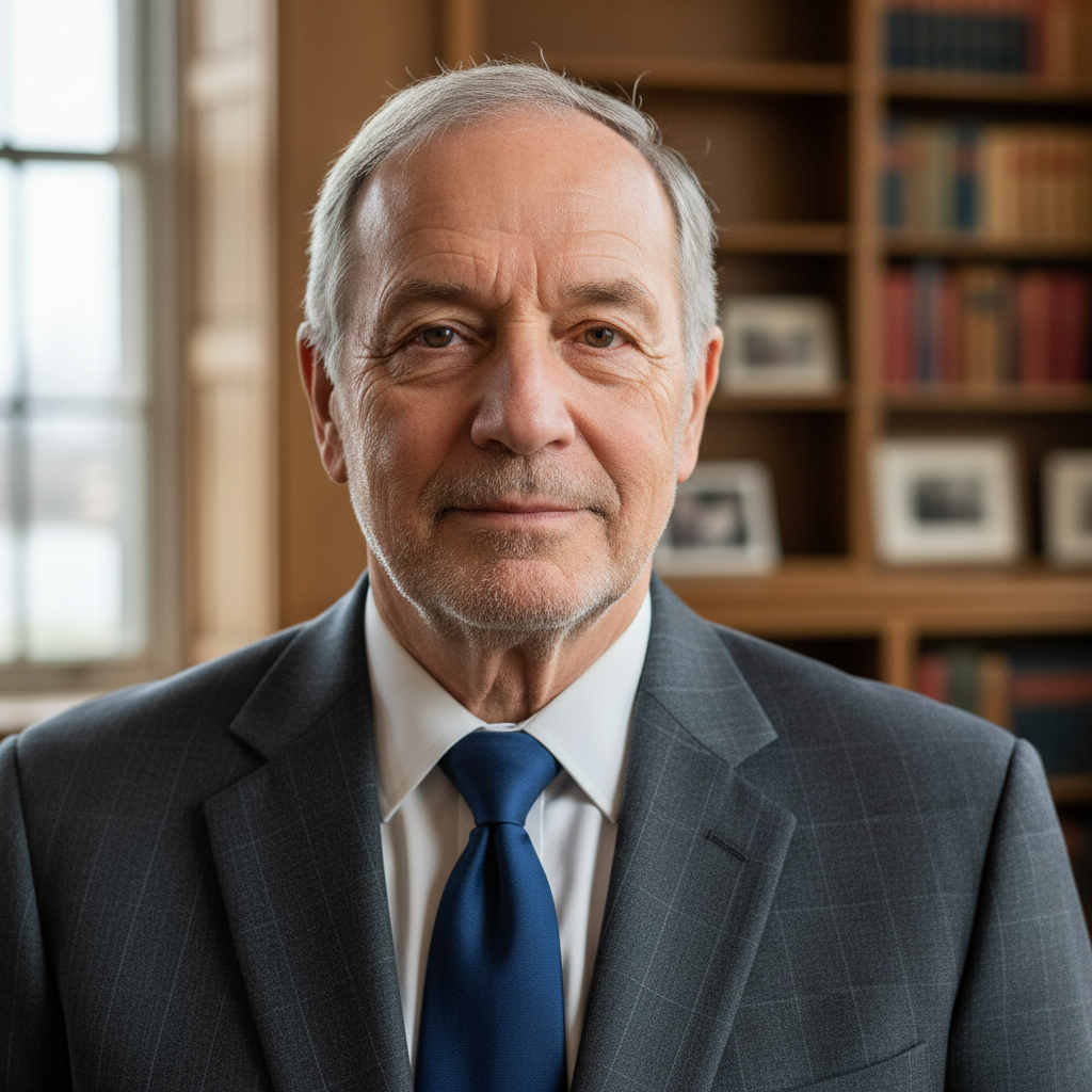 Retired warden Marcus Holloway in a formal portrait, gray suit, direct gaze — representing decades of institutional experience