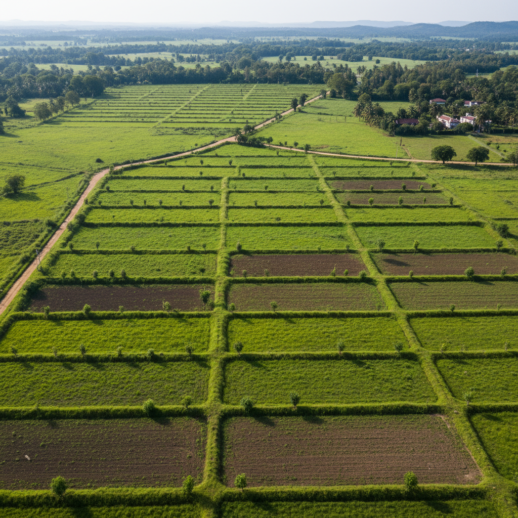 Drone aerial view of Georgia farmland and wooded tracts, bright daylight, clear property lines visible from above