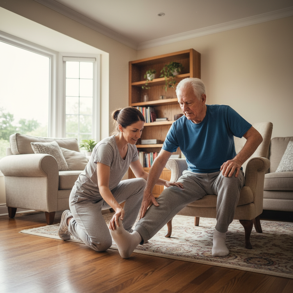 Caregiver assisting an elderly man with physical therapy exercises at home