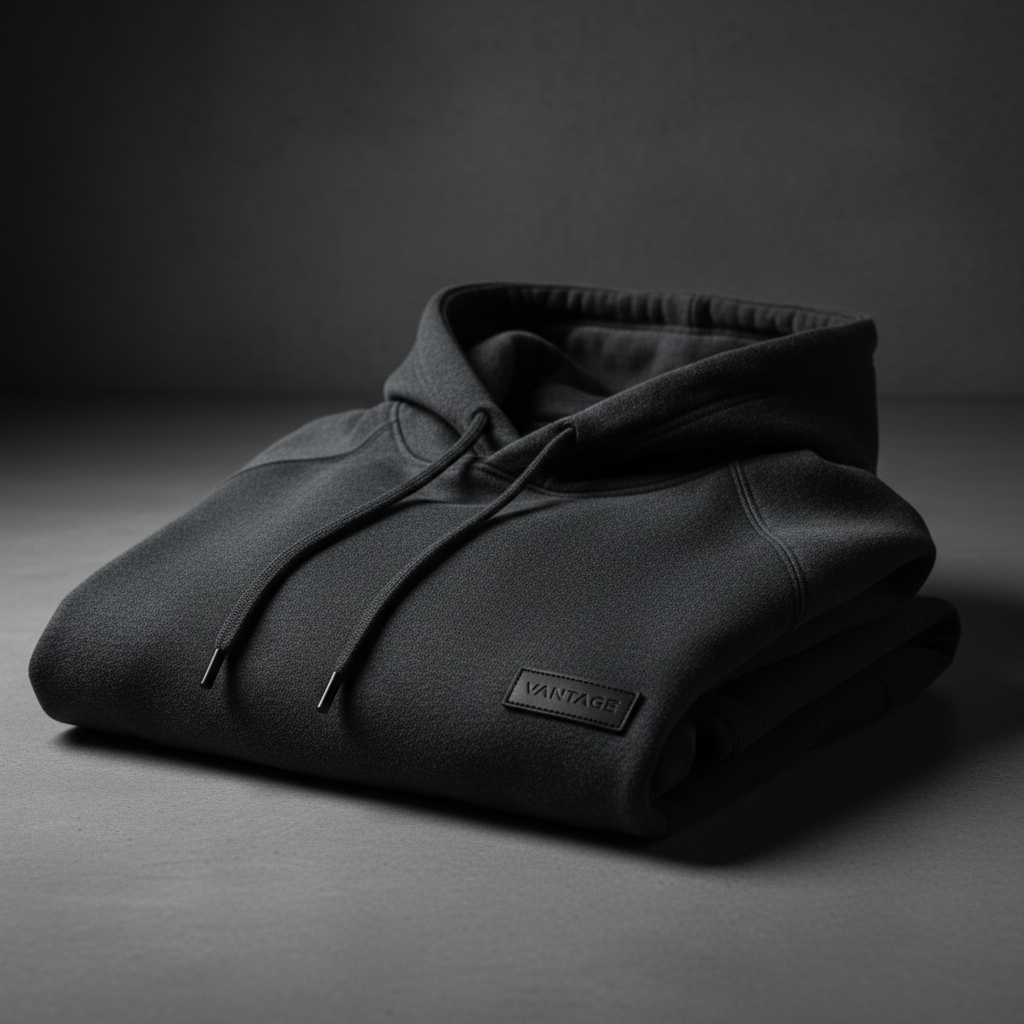 Dark premium hoodie detail shot, rich fabric texture visible, moody product photography