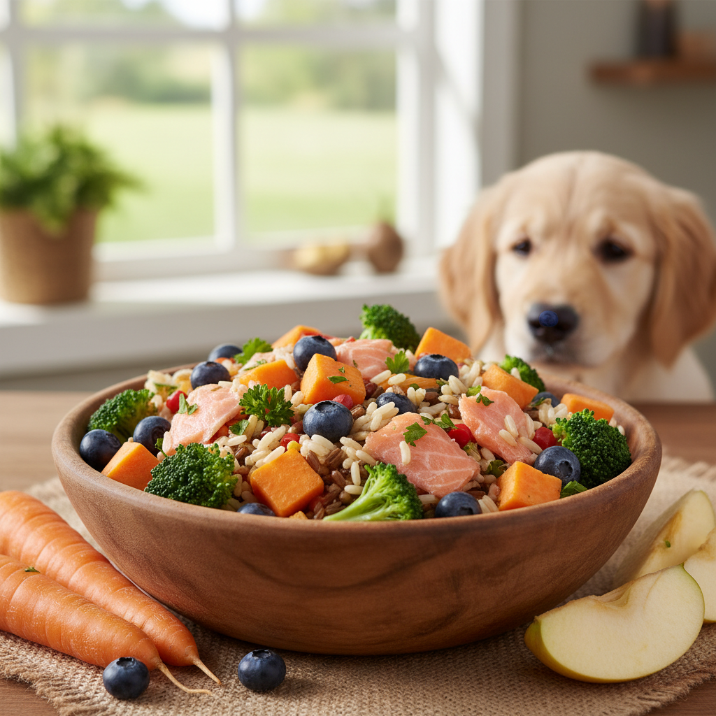 Puppy eating healthy food from bowl in bright kitchen setting