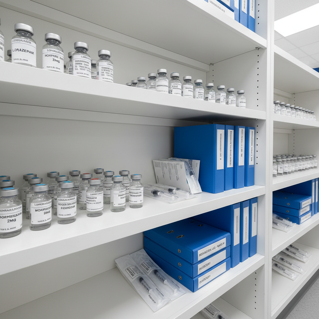 Clinical medication station with labeled vials, syringes in sealed packaging, and medication log binders on white shelving