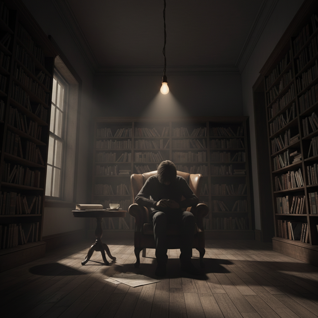 Moody interior with dramatic chiaroscuro lighting evoking psychological tension