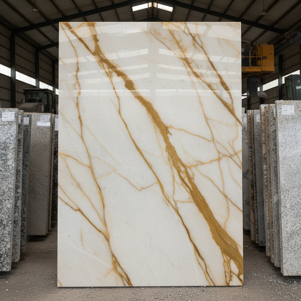 Calacatta gold marble slab standing upright at stone yard showing dramatic gold veining pattern before fabrication