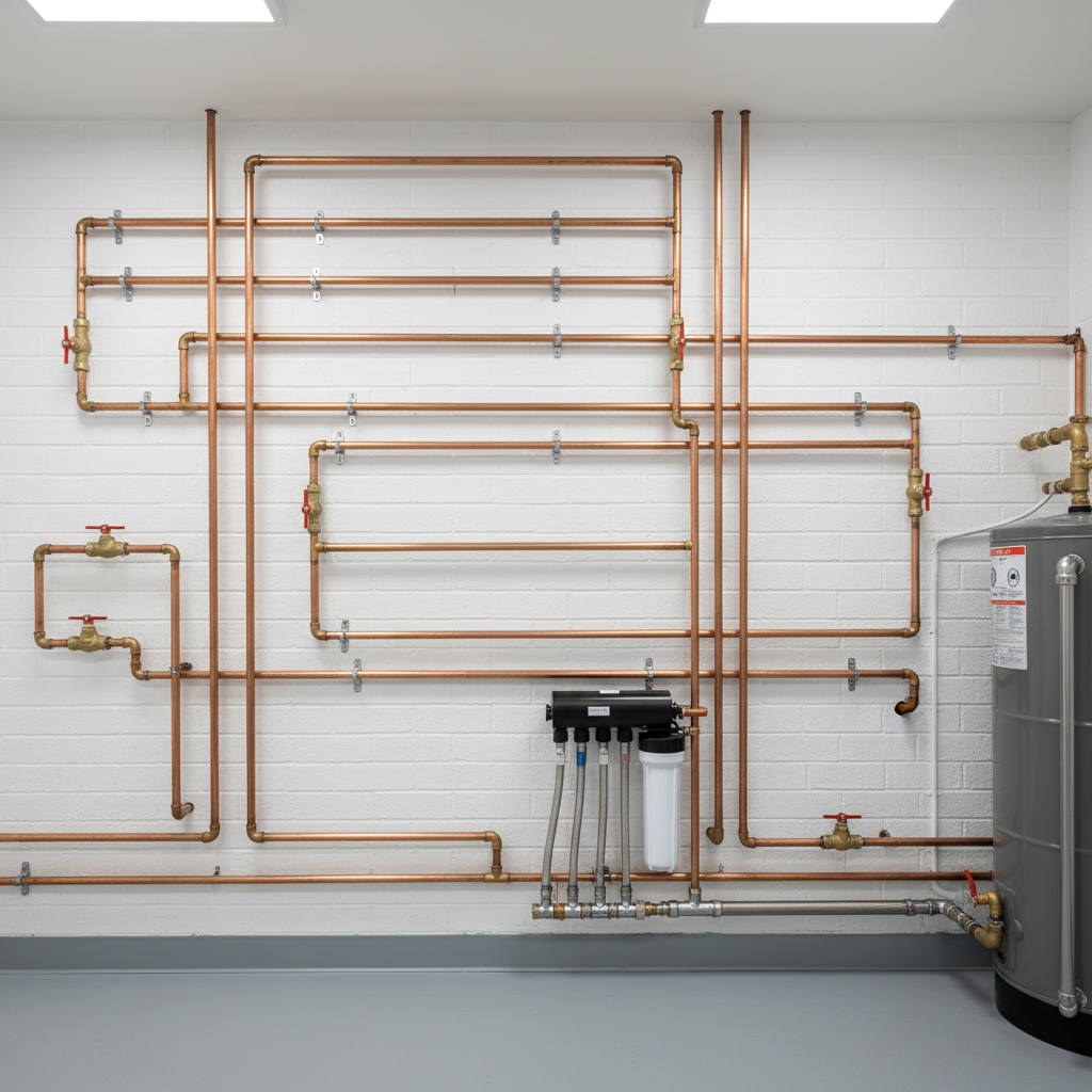 Clean plumbing installation with copper pipes and professional fittings
