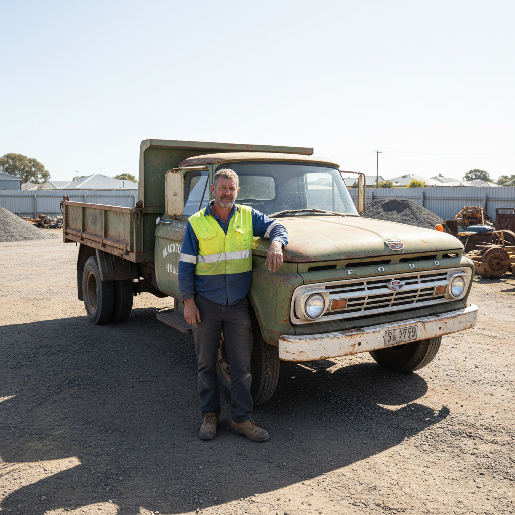 Marco Vella, Slab founder and director, standing beside his original tip truck in the Blacktown yard, wearing a hi-vis vest and work boots