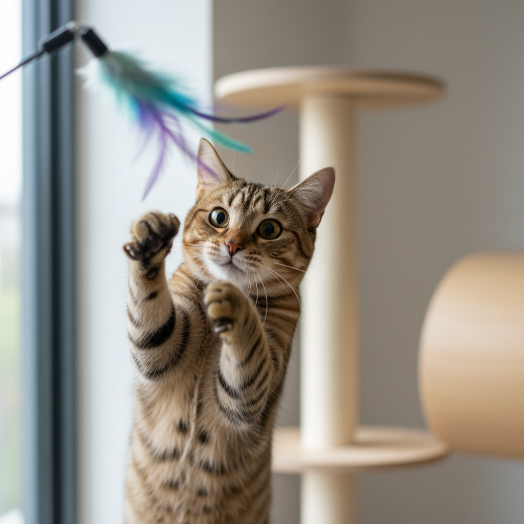 Playful tabby kitten jumping and reaching for a feather wand toy, mid-air action shot, bright background