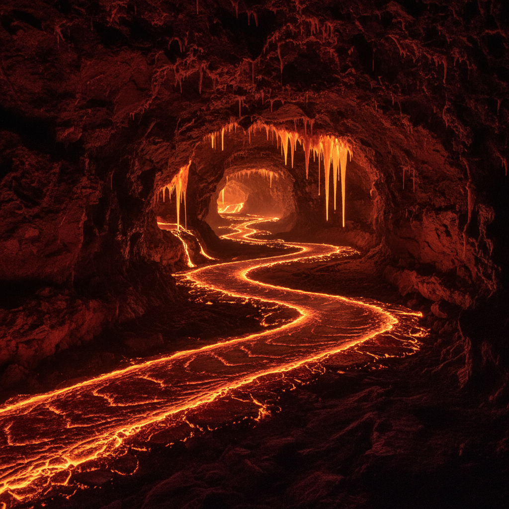 Volcanic cave with glowing magma, red and orange fire light