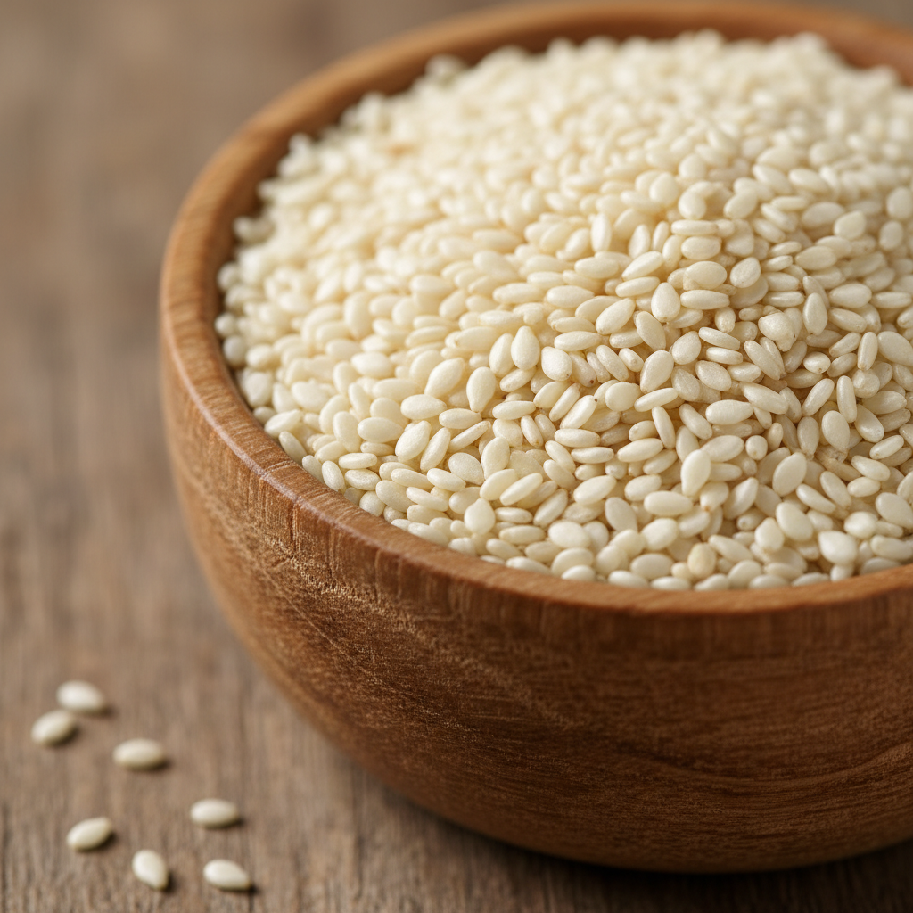 White sesame seeds in a small ceramic bowl on a clean white surface
