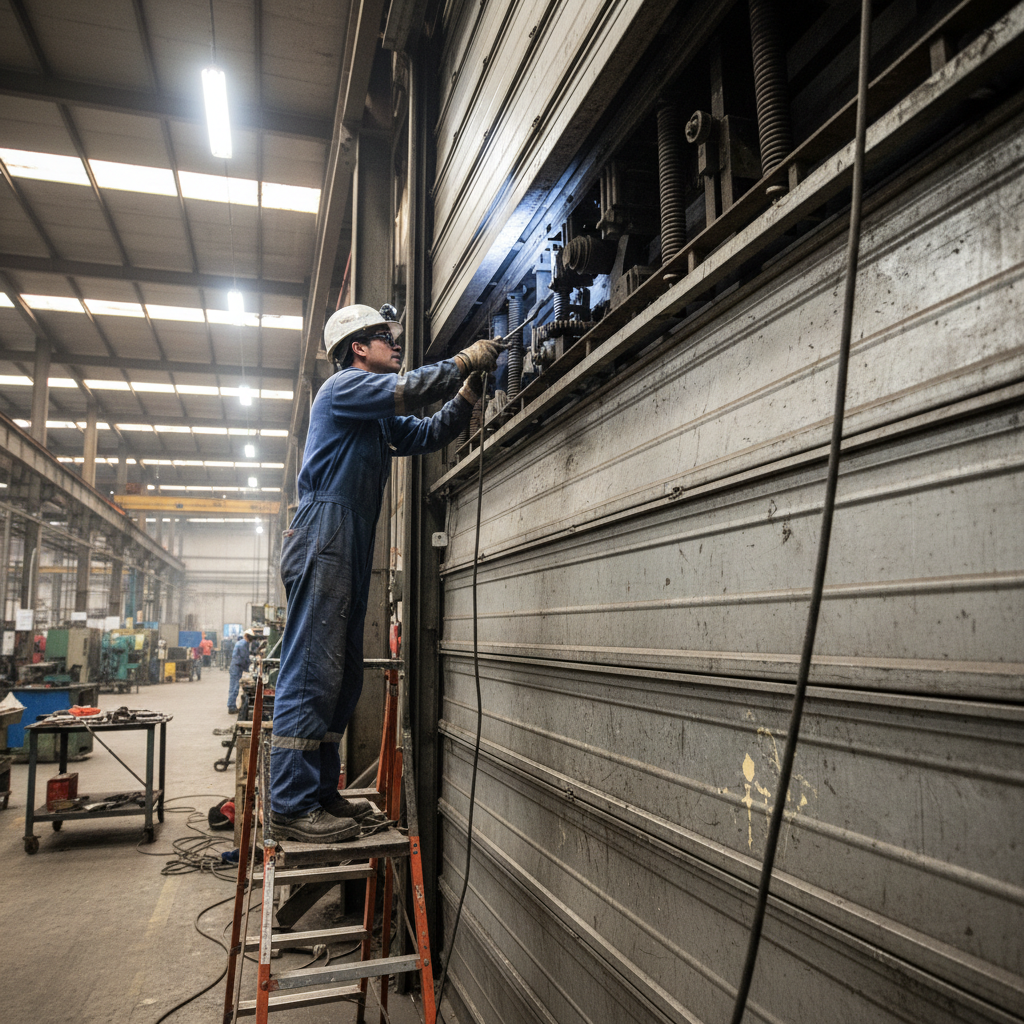 Industrial maintenance technician working on metal equipment in a factory setting, dark moody workshop atmosphere