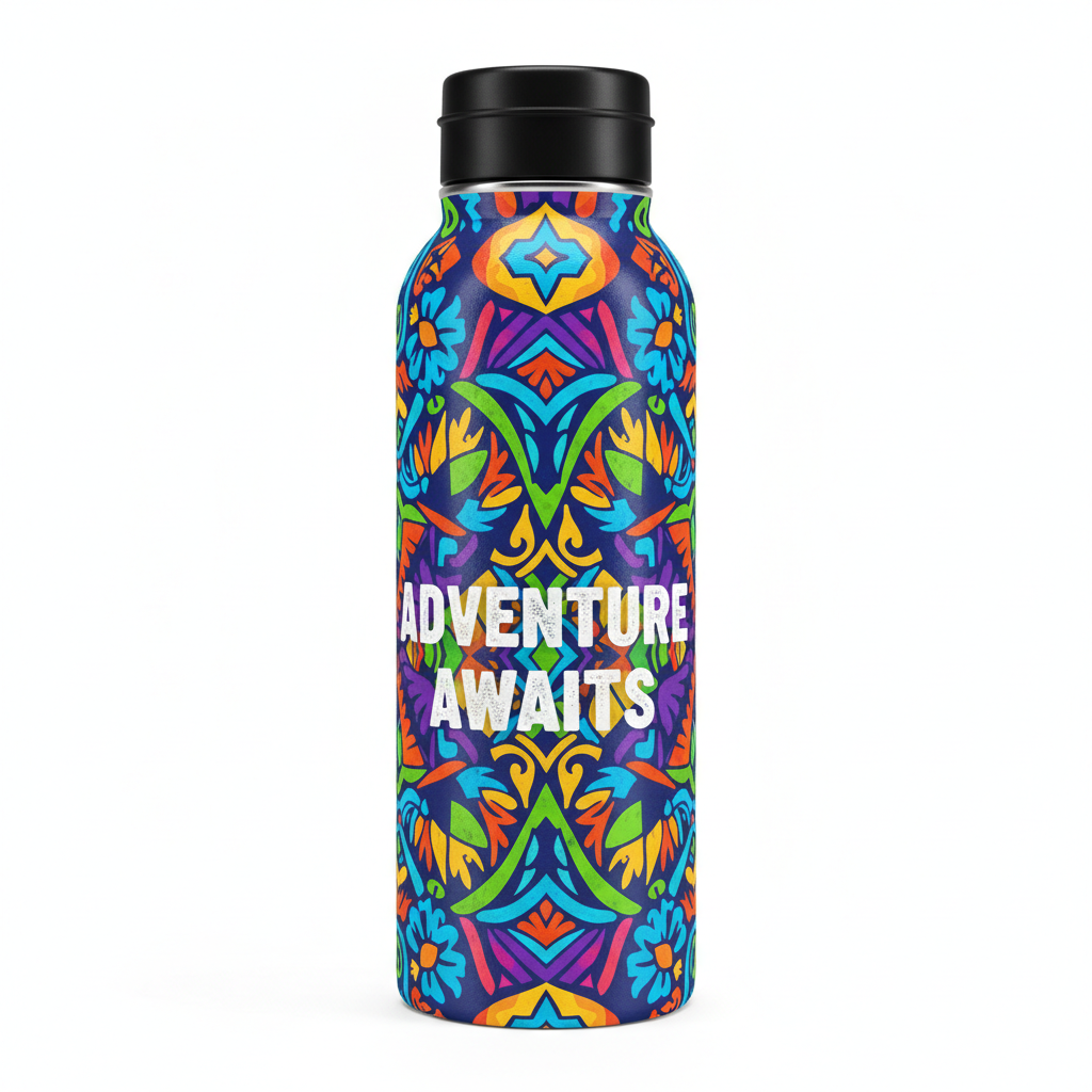 Brand new custom printed water bottle with bold design fresh from box, vibrant colors perfectly intact