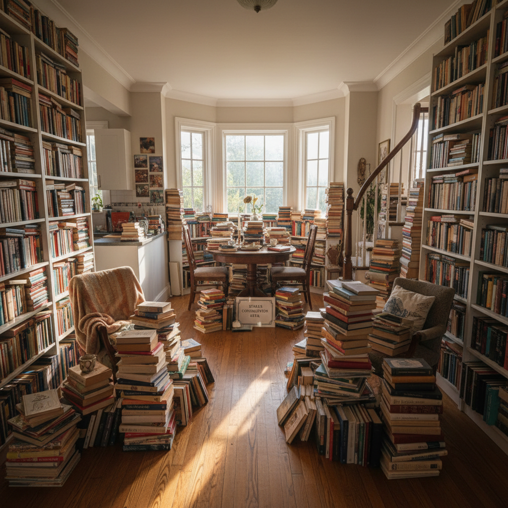 Overcrowded home with books stacked on floor, overflowing IKEA shelves, and piles on every surface before a Stacks consultation