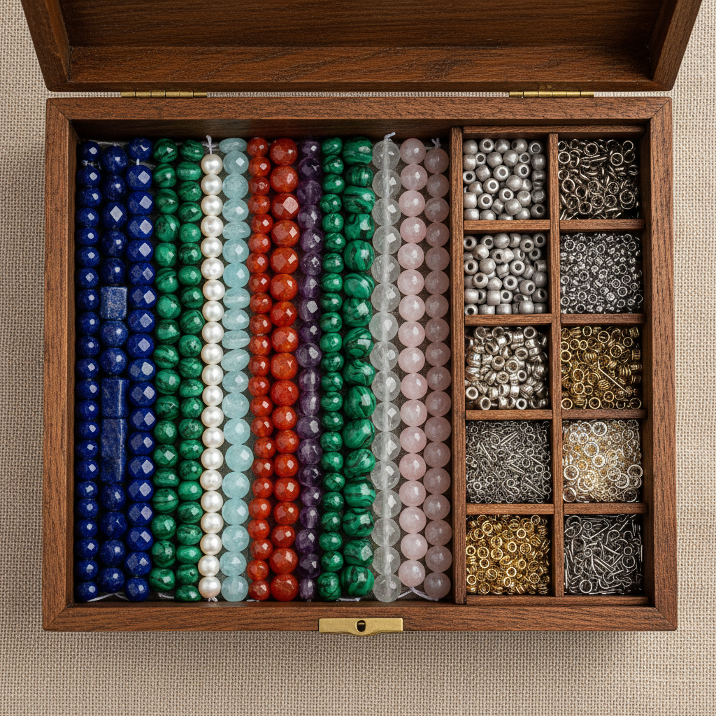 Master Artisan Crate with full array of gemstone strands, multiple bead types, and professional findings laid flat on linen