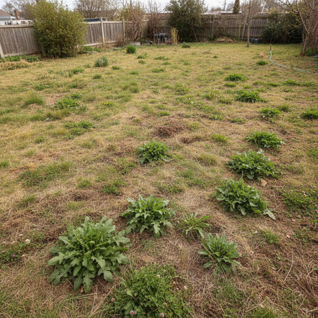 Patchy lawn with weeds and uneven terrain before treatment