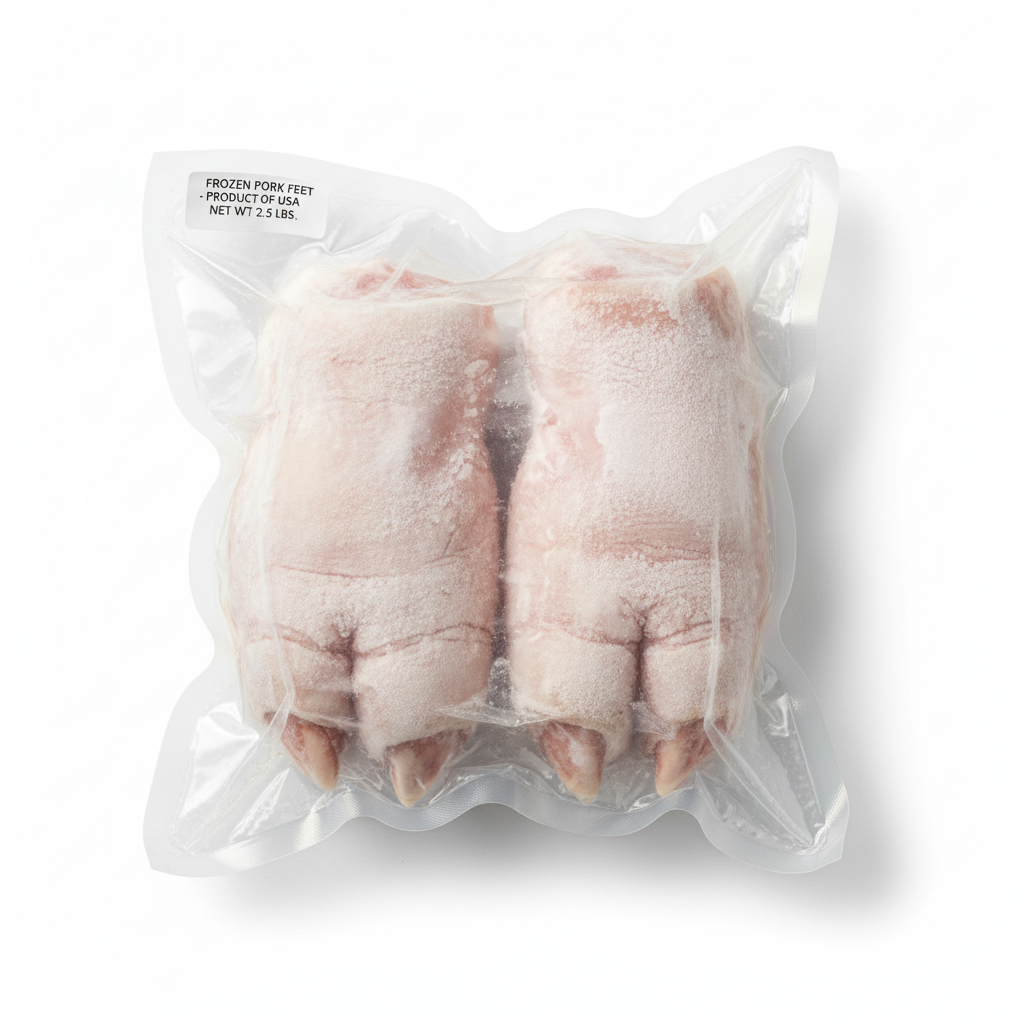 Frozen pork feet in clean packaging, professional food product photography
