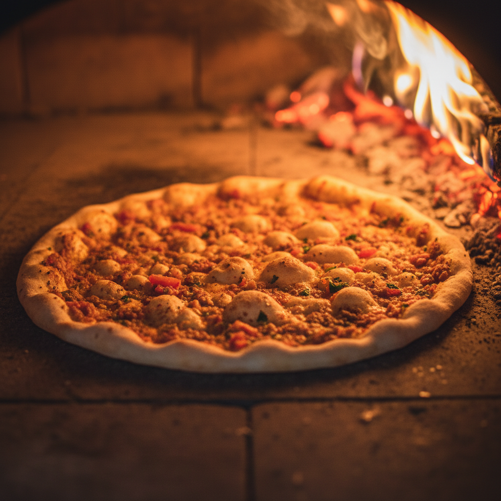 Lahmacun flatbread blistering on a hot stone oven floor