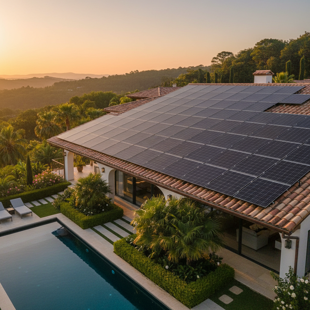 Solar panels on villa rooftop, premium residential property, bright sunny outdoor environment