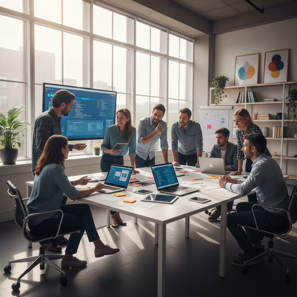 Professional technology team collaborating in a modern office with laptops and screens, bright well-lit workspace