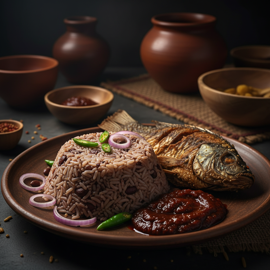 Dark atmospheric Nigerian restaurant kitchen with pots of rich stew, dim warm lighting, deep shadows, moody amber tones