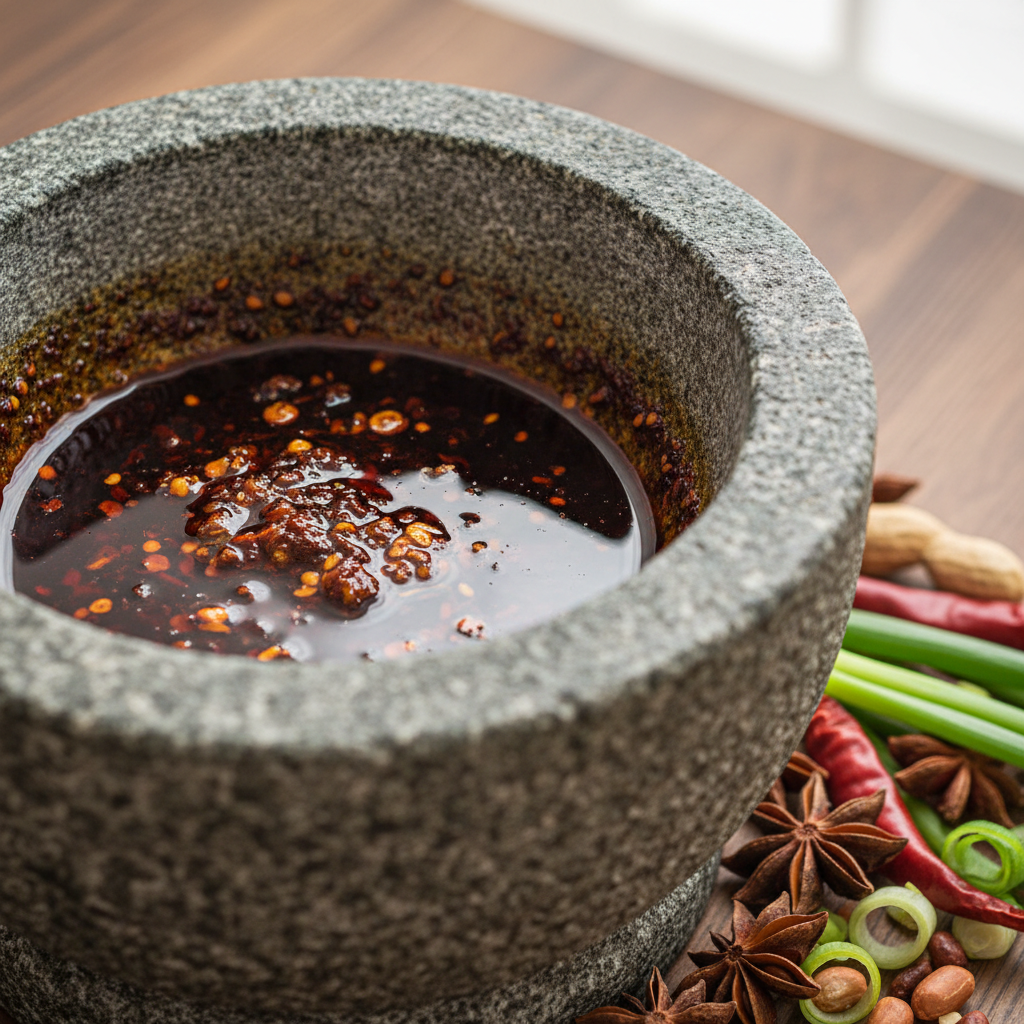 Chili oil pooling in a stone mortar, deep red against dark granite, aromatics scattered around