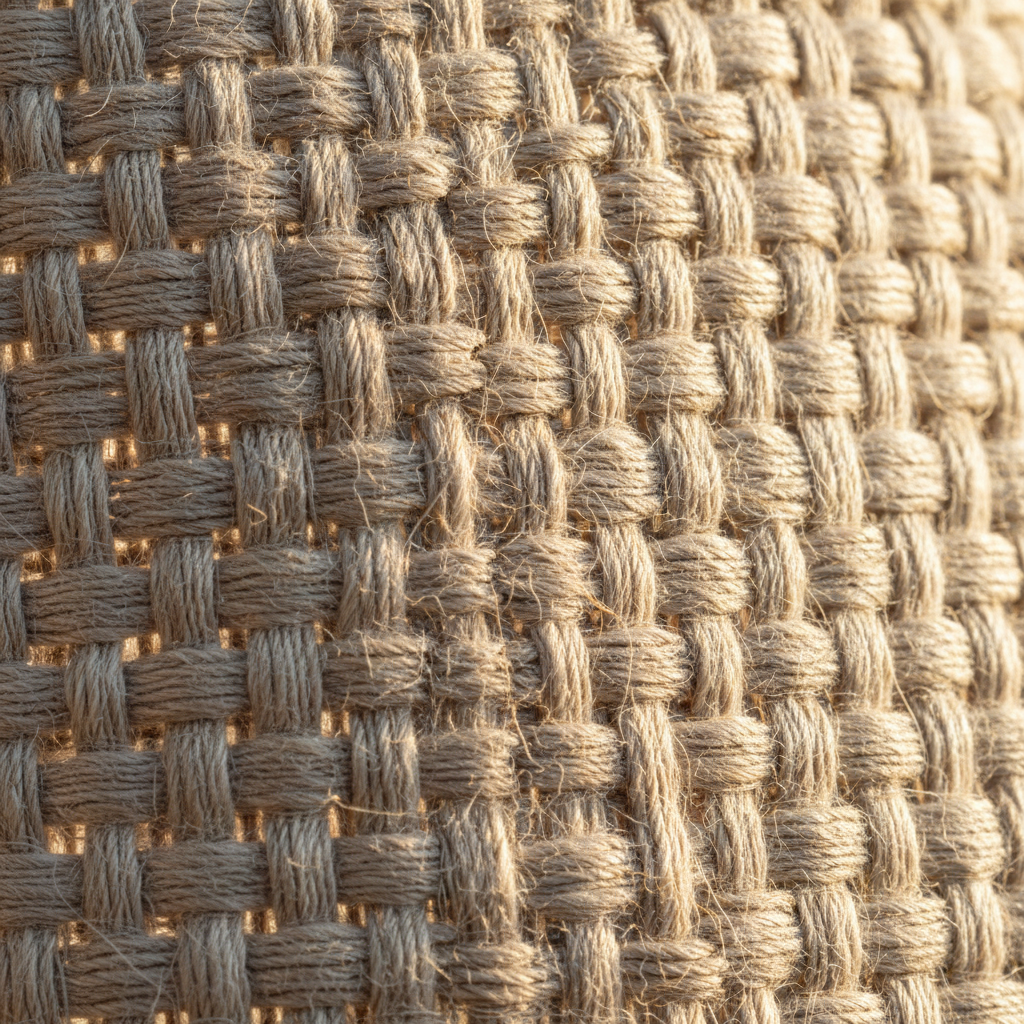 Extreme close-up of oatmeal linen fabric weave with individual fibers catching afternoon light
